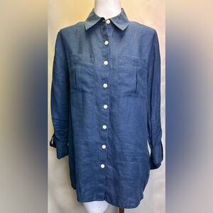 Investments Gold Label Women's 100% Linen Navy Button Down Shirt Size 10